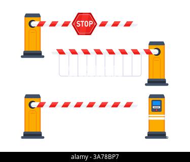 Barriere chiuse per auto con segnale di stop. Barriera automatica del cancello di parcheggio. Illustrazione vettoriale Illustrazione Vettoriale