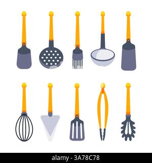 Set di utensili da cucina. Utensili da cucina, cucchiaio per friggere, utensili da cucina. Illustrazione Vettoriale