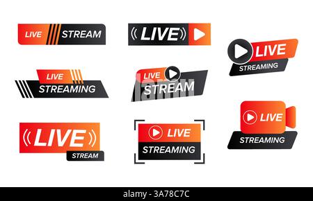 Collezione di icone e badge moderni in live streaming in diversi stili e forme. Illustrazione Vettoriale
