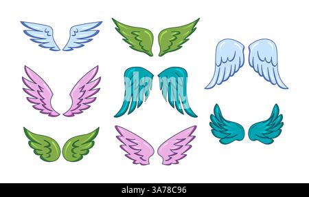 Ali d'angelo colorate in vari stili e sfumature, isolate sul bianco Illustrazione Vettoriale