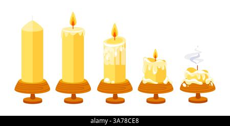 Candela bruciata. Collezione di candele di cera in stile cartoni animati. Candele aroma SPA. Cera d'api, paraffina e soia Illustrazione Vettoriale