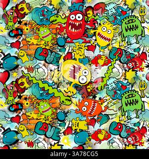 Sfondo colorato senza cuciture con mostri divertenti. disegno a mano. Non ai, illustrazione vettoriale Illustrazione Vettoriale