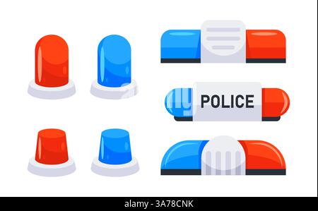 Lampeggiatore auto della polizia, sirena. Luci rosse e blu. Spie di allarme lampeggianti. Illustrazione Vettoriale