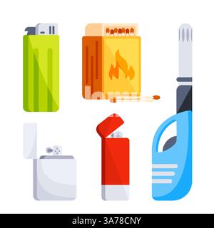 Accendini a benzina. Accendino a benzina in plastica. Apparecchiature per fumo infiammabili Illustrazione Vettoriale