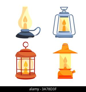 Set di lampade per il campo delle lanterne. Dispositivi di illuminazione tradizionali a lanterne carburante. Varie lampade a gas con impugnatura Illustrazione Vettoriale