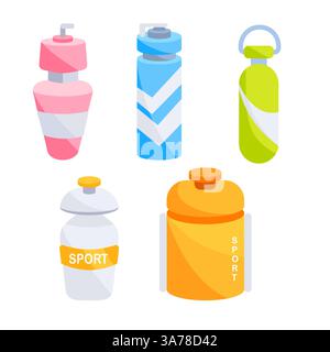 Impostare le bottiglie d'acqua sportive su sfondo bianco. Accessorio atleta, fitness. Illustrazione Vettoriale