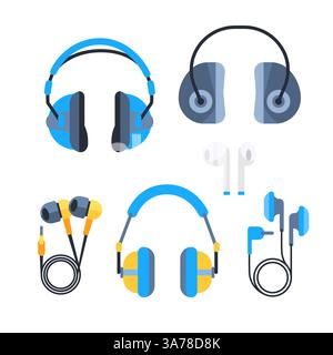Set di cuffie. Accessori per cuffie wireless per ascoltare la musica. Apparecchiature audio per l'ascolto di musica Illustrazione Vettoriale