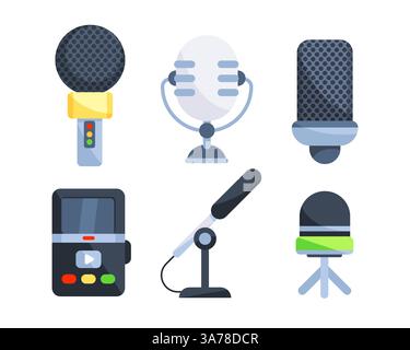 Set microfoni. Registrazione di musica o podcast. Microfono da studio musicale Illustrazione Vettoriale