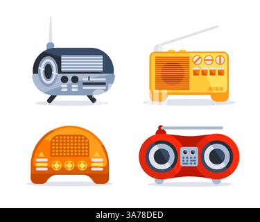 Radio musica vecchio dispositivo. Stazione radio portatile analogica retro. Lettori musicali. Illustrazione Vettoriale