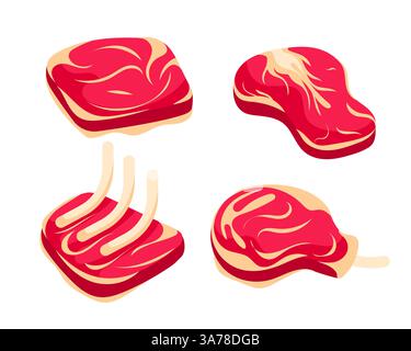 Bistecca di carne fresca, cruda e grigliata. Carne di manzo e maiale. Cibo per barbecue. Illustrazione Vettoriale