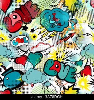 Modello astratto e caotico senza interruzioni con cuori di linea. I graffiti amano lo sfondo del cuore. disegno a mano. Non ai, illustrazione vettoriale Illustrazione Vettoriale