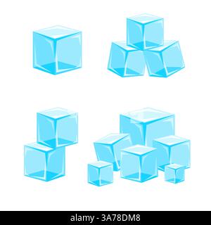 Set di cubetti di ghiaccio. Acqua blu congelata. Pila di cubetti ghiacciati per cocktail Illustrazione Vettoriale