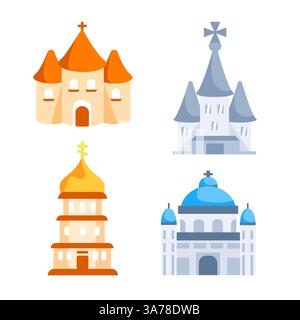Set icone Chiesa. Edifici di architettura religiosa con finestre di vetro Illustrazione Vettoriale