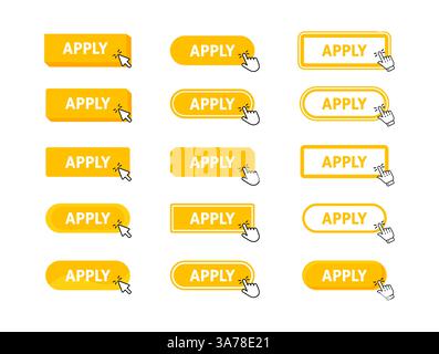 Pulsante Apply (Applica) facendo clic con il puntatore. Pulsante Web. Pressione delle dita. Fare clic per applicare ora. Illustrazione vettoriale Illustrazione Vettoriale