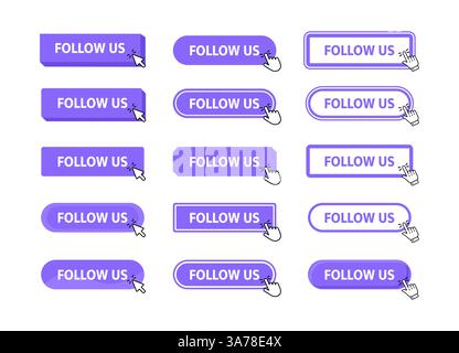 Pulsante Seguici facendo clic con il puntatore. Pulsante Web. Pressione delle dita. Fare clic per seguire il nostro concetto. Illustrazione vettoriale Illustrazione Vettoriale