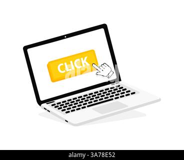 Fare clic sul testo sullo schermo del notebook con un pulsante rosso . Con il puntatore che fa clic. Pressione delle dita Illustrazione Vettoriale