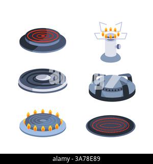 Fornello, bruciatore a gas. Cucina elettrica e a gas. Piano cottura elettrico da cucina Illustrazione Vettoriale