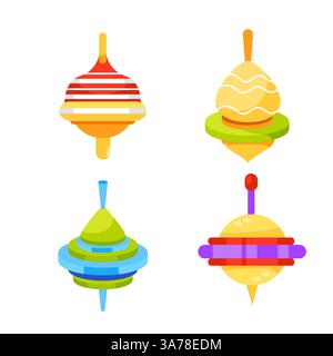 Set di giocattoli vorticosi. Parte superiore rotante in plastica su sfondo bianco. Illustrazione Vettoriale