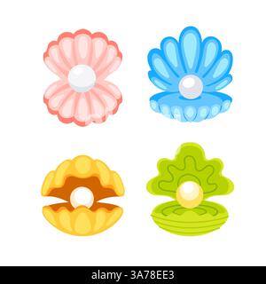 Conchiglie perlate. Aprire la capesante del conchiglia e il guscio di perle. Illustrazione vettoriale. Illustrazione Vettoriale