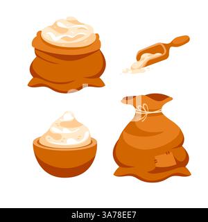 Farina in cucchiaio e set di orecchie di grano. Pane e raccolto agricolo. Raccolta di polveri. Illustrazione Vettoriale