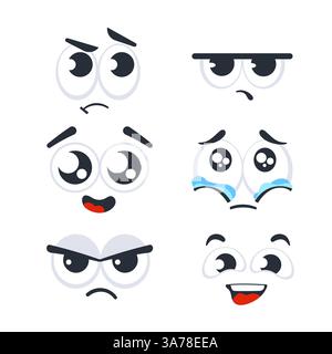 Espressioni delle facce del cartone animato. Emozione del viso. Sentimenti facciali. Illustrazione Vettoriale