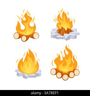 Set di legna da campeggio. Falò all'aperto, fuoco acceso. Caminetto Illustrazione Vettoriale