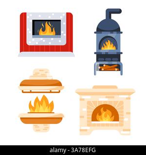Set in mattoni e metallo con caminetto. Caminetti in mattoni. Decorazioni natalizie e grate. Illustrazione Vettoriale