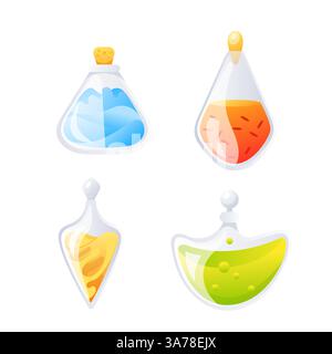 Set di fiale per pozione magica. Elisir di alchimia. Sostanza magica. Pozione di gioco. Illustrazione Vettoriale