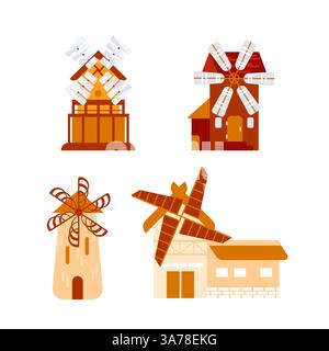 Vecchi mulini a vento. Macine per la lavorazione del grano o del pane. Mulino vintage. Farina, lavorazione del pane. Illustrazione Vettoriale