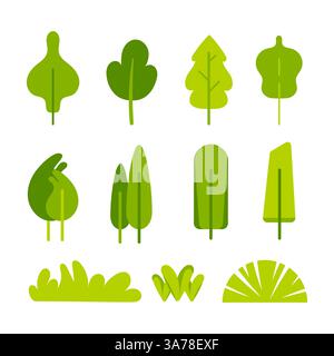 Collezione di semplici alberi e cespugli verdi stilizzati, perfetti per rappresentare la natura in modo semplificato Illustrazione Vettoriale