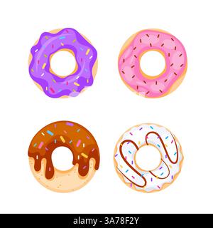 Ciambelle cartoni animati con diversi condimenti. Set di dolci con ciambelle. Deliziosi dessert dolci. Illustrazione Vettoriale