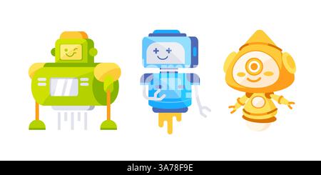Robot giocattolo. Allegri divertenti robot da cartoni animati per bambini. Robot futuristico infantile. Illustrazione Vettoriale