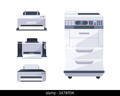 Quattro diverse stampanti sono posizionate su uno sfondo bianco, che rappresenta le apparecchiature elettroniche per la casa e l'ufficio Illustrazione Vettoriale