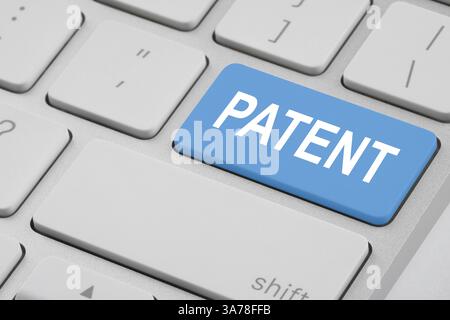 Licenza. Tastiera del computer con parola Patent sul pulsante azzurro, primo piano Foto Stock