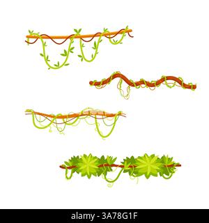 Set di liane cartoni animati ricoperte di foglie verdi, appese su rami, elementi di design della giungla su sfondo bianco Illustrazione Vettoriale