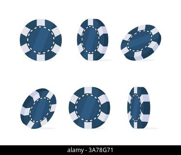 Sei gettoni blu del casinò che ruotano a diverse angolazioni, gioco d'azzardo e concetto di scommessa Illustrazione Vettoriale