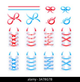 Diverse opzioni per legare lacci delle scarpe, una serie di nodi in rosso e blu su sfondo bianco Illustrazione Vettoriale
