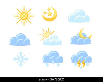 Icone meteorologiche che rappresentano le condizioni di sole, nuvolose, piovose, tempeste e nevose, giorno e notte Illustrazione Vettoriale