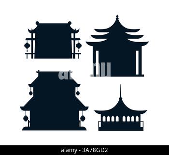 Sagome di templi asiatici tradizionali con design diversi, che rappresentano la cultura orientale Illustrazione Vettoriale