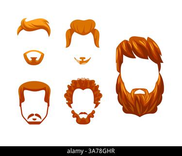 Set di zenzero e capelli rossi e barbe per personalizzare i personaggi dei cartoni animati con diversi tagli di capelli alla moda Illustrazione Vettoriale