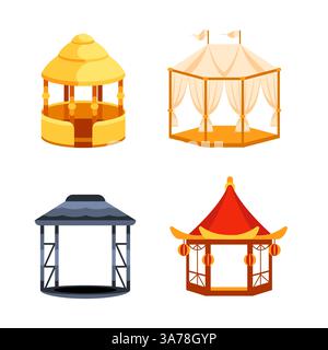Quattro illustrazioni colorate raffiguranti diversi stili di gazebo, ideali per rappresentare il relax all'aperto, il design del giardino o la diversità architettonica Illustrazione Vettoriale