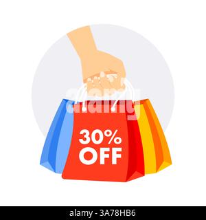 Reggi a mano borse colorate con sconto del 30% sui saldi stagionali o festivi Illustrazione Vettoriale