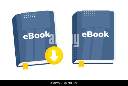 Concetto di pubblicazione digitale con due eBook blu con icona di download, che simboleggia la lettura online e l'accesso alla biblioteca digitale Illustrazione Vettoriale