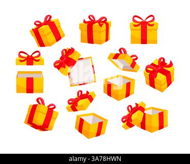 Set di scatole regalo gialle decorate con nastri rossi, alcune chiuse, altre aperte, isolate su sfondo bianco Illustrazione Vettoriale