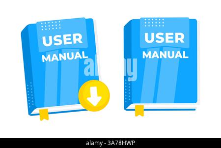 Due manuali utente blu, uno con simbolo di download, che illustrano il concetto di lettura online Illustrazione Vettoriale