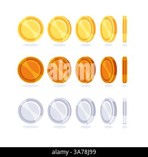 Foglio di sprite di animazione rotante con monete d'oro e d'argento in stile cartoni animati per sviluppatori di giochi. Illustrazione Vettoriale