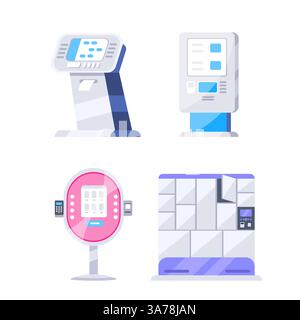 Raccolta di macchine per il pagamento elettroniche self-service con touch screen, terminale POS, biglietteria e armadietti automatici. Illustrazione Vettoriale