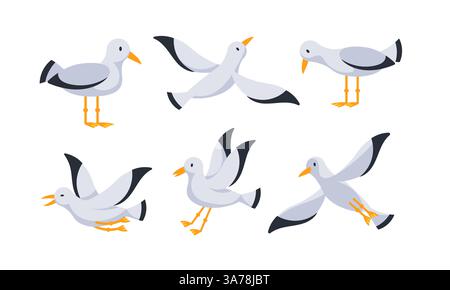 Set di gabbiani cartoni animati in piedi e in volo con ali spalmate Illustrazione Vettoriale