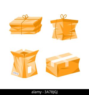 Scatole di cartone in diversi stati che mostrano il processo di consegna. Illustrazione Vettoriale