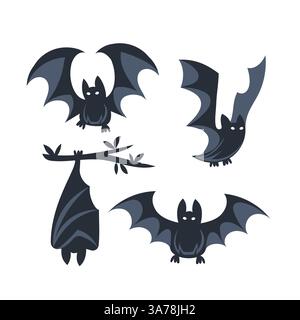 Quattro diversi pipistrelli da cartoni animati con grandi occhi che sbattono le ali e pendono da un ramo. Illustrazione Vettoriale
